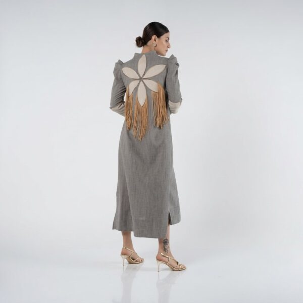 Gray Linen Dress with Rose Embroidery and Fringe
