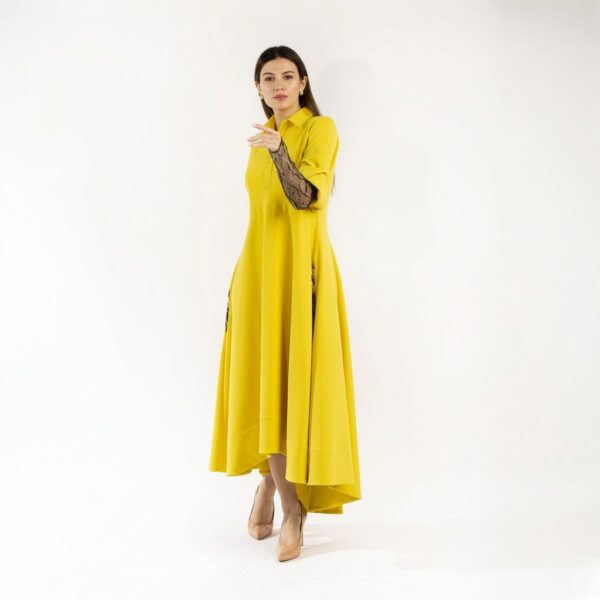 Yellow French Crepe Dress with Bead Details