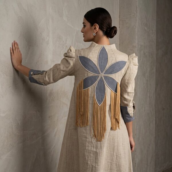 Beige Linen Dress with Rose Embroidery and Fringe