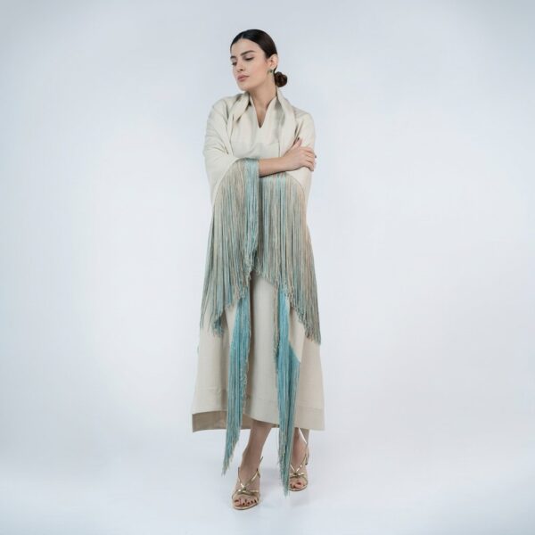 Sleeveless Beige Linen Dress with Fringed Shawl