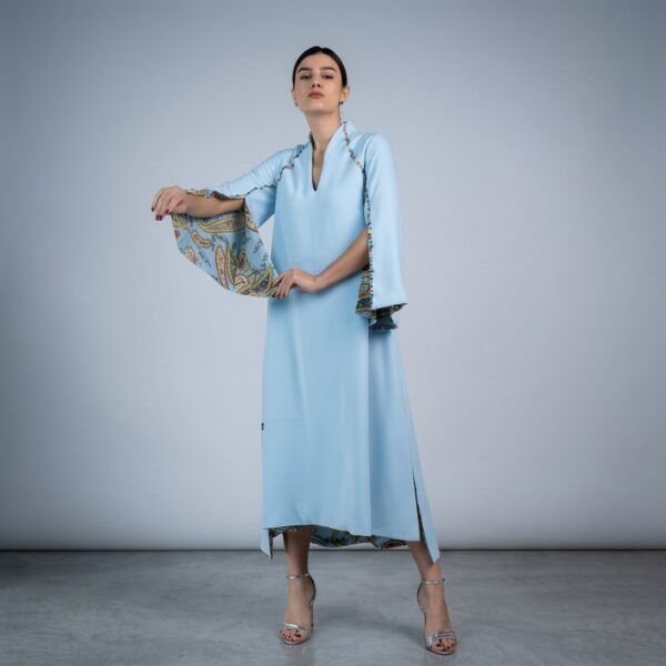 Sky Blue Crepe Dress with Tree-Print Lining