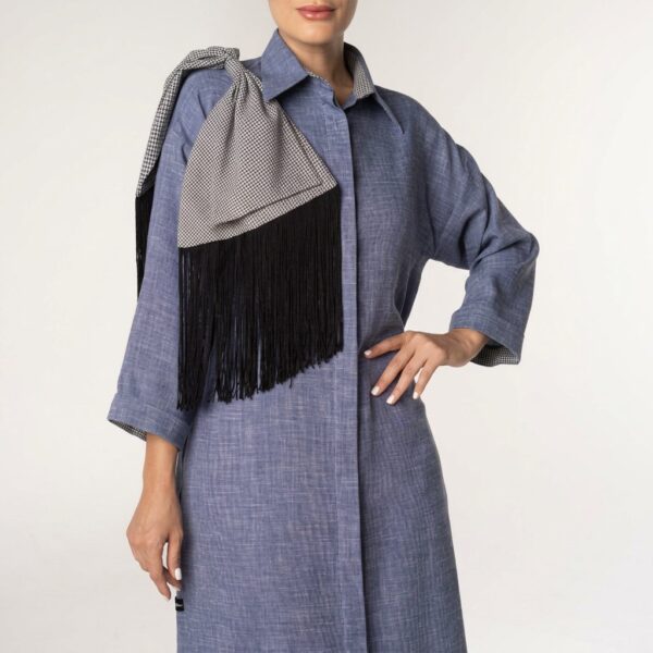Blue Shirt Dress with Fringed Shawl