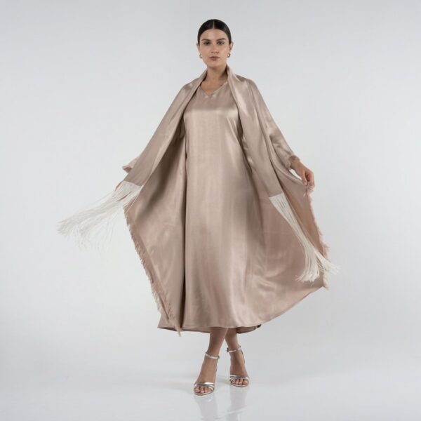 Beige Silk Dress with Fringed Shawl