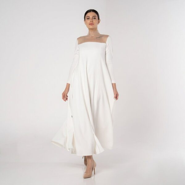 White Crepe Dress with a Flowing Cut