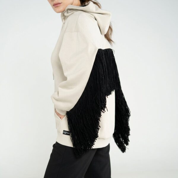 Beige Cotton Hoodie with Black Fringe