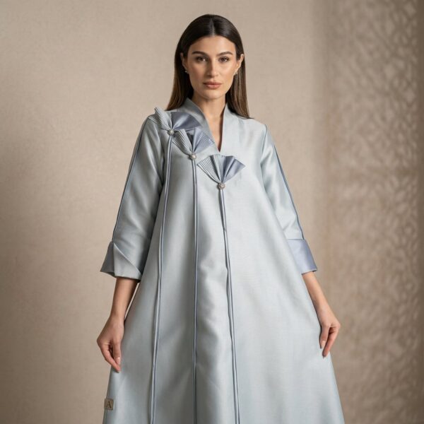 Blue Taffeta Dress with Rose and Pearl Details