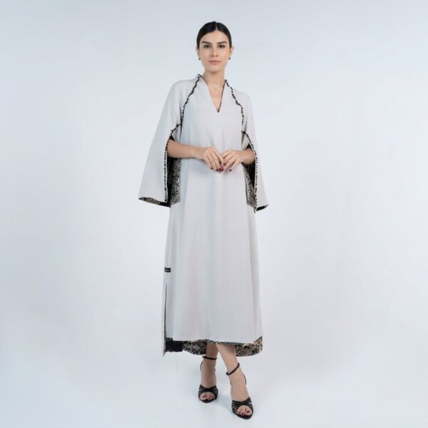 Beige Crepe Dress with Tree-Print Lining