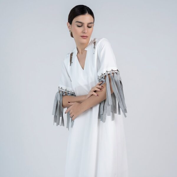 White Linen Dress with Crystal and Fringe